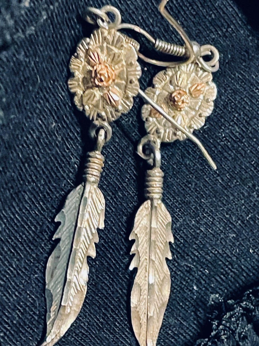 Feather Sterling Solid .928 Dangling FeatherEarrings with Floral Conchos